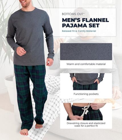 Bottoms Out Men's Pajama Set, Long Sleeve Cotton Top and Flannel Comfy Pants, Cozy in Kuwait