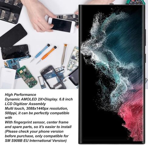 6.8 OLED Original for Galaxy S22 Ultra, LED LCD Display Digitizer Assembly S22ultra 5G S908B, LCD Screen Replacement with Frame, EU International Version (Black) in Saudi Arabia