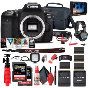 Canon EOS 90D DSLR Camera (Body Only) (3616C002) + 4K Monitor + Pro Mic + Pro Headphones + 2 x 64GB Memory Card + Case + Corel Photo Software + 3 x LPE6 Battery + Charger + More (Renewed)