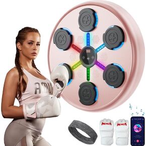 Music Boxing Machine for Women Adults, Bluetooth Wall Mounted Punching Trainer with 9 Speed Modes, LED Display, Boxing Machine with Gloves and Headband, Perfect for Home Gym and Fitness Workouts-Pink