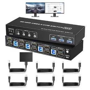 HDMI KVM Switch 4 Computers 2 Monitors, 4 Computer Dual Monitor KVM Switcher HDMI 4 in 2 Out USB 3.0 4K@60Hz Sharing Keyboard and Mouse, Support Extended/Copy Mode, with Wired Controller 4XUSB Cables