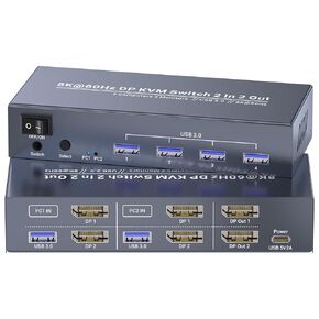 Dual Monitor Displayport KVM Switch 2 Monitors 2 Computers, 8K60Hz 4K120Hz USB 3.0 2 Port DP KVM Switch for Controlling 2 Computers with 1 Set of Keyboard, Mouse and 2 Monitors