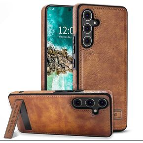 Leather Case with Stand for Samsung Galaxy S25 Plus Case, Protective Soft Grip Luxury Cover for Men, Protective Slim Kickstand Shockproof Phone Cases Compatible with S25 Plus 6.7", Brown
