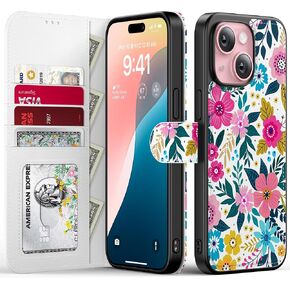 FUNMIKO for iPhone 16 Case Wallet,Detachable Flip Folio Leather Cover,RFID Blocking 4 Card Slots Holder,Magnetic Kickstand,Protective Phone Shell for Women Girls,Blooming Wildflowers