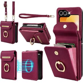 for Samsung Galaxy Z Flip 6 Case with RFID Blocking Card Holder with Magnetic Closure, PU Leather Crossbody Wallet Phone Case with 360° Ring Stand and Wrist Strap, Wine Red