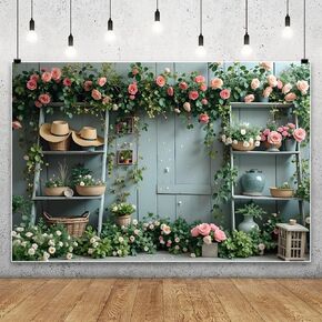 7x5ft Spring Florals Backdrop Pink White Flowers Decoration Greenhouse Photography Background Green Wooden Texture Wall Backdrops for Children Portrait Baby Shower Background Video Prop
