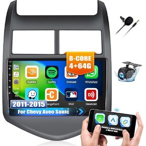[4+64G] 8 Core Android 13 Car Radio for Chevy Aveo Sonic 2011-2015 with Wireless/Wired CarPlay&Andriod Auto,9’’ Car Stereo with BT,FM/RDS,EQ,GPS,WiFi,DSP,59UI,1280 * 720P,SWC+AHD Backup Camera