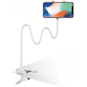 Gooseneck Phone Holder,Lazy Bracket, Cell Phone Holder Stand for Bed Flexible Arm Adjustable Cell Phones Mount Clamp on Desk Bedframe Compatible with Cellphone 3.5"-7" Devices (White)