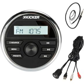 Kicker Marine Boat Yacht Gauge Style AM/FM Radio Stereo Receiver Media Player Bundle Combo with Enrock USB/AUX to RCA Interface Mount Cable + 22" Radio Antenna