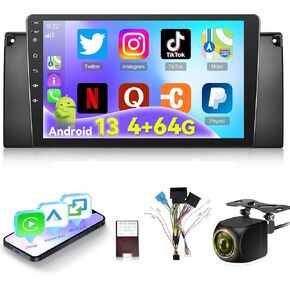 [4+64G] Android Car Radio for BMW 5 Series X5 E39 E53 M5 1996-2006 with Wireless Carplay and Android Auto - 9 Inch 1280 * 720 HD Touch Screen Car Stereo - 32EQ / WiFi/GPS/SWC + AHD Backup Camera