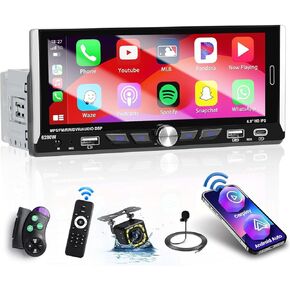 Hikity 6.9 Inch Car Stereo Single Din Wireless Carplay Android Auto, Touch Screen Car Radio Blueooth 5.0, EQ, FM/RDS, Mirror Link, USB/Type-C Input, SWC, Mic, Backup Camera