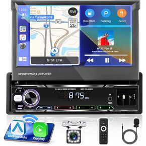 Wireless Single Din Car Radio Stereo with 7 Inch Flip Out Touchscreen with Wireless Carplay Android Auto, Mirror Link BT5.1 FM/AM/RDS SWC USB/AUX Remote Control Backup Camera Mic