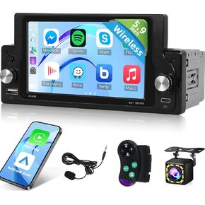 NHOPEEW Single Din Radio with Wireless Carplay and Android Auto - 5.9 Inch IPS Touchscreen Car Stereo - EQ/Mirror Link/Bluetooth/FM/SWC/USB Charging + 12leds Backup Camera & Microphone