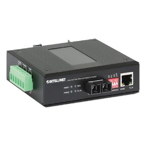 Intellinet Fast Ethernet Media Converter - IP40 Rated Metal Housing, 1310 nm Wavelength, DIN-Rail Mount, 2 DC Inputs -3 Yr Mfg Warranty–508964