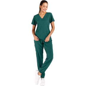 Minty Mint نسائي سهل الارتداء وخفيف الوزن ومتين ومطاط ومطاط طقم طبي موحد برقبة على شكل حرف V وسروال ركض مدبب للعمل وطبيب الأسنان والطبيب والممرضة البيطرية الزيتون S