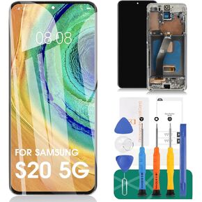 OLED for Samsung S20 5g Screen Replacement for Samsung Galaxy S20 5g LCD Digitizer Repair Kits for Samsung SM-G981 Touch Screen Display Assembly Replacement with Frame Silver (with Fingerprint)