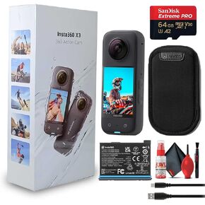 Insta360 X3 - Waterproof 360 Action Camera with 1/2" 48MP Sensors, 5.7K 360 Video, 72MP 360 Photo, Stabilization, Touchscreen + 64GB Card + Cleaning Kit