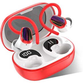 Wireless Earbuds Bluetooth 5.3 Headphones Ear Buds with Earhooks, LED Display, IPX7 Waterproof Earbuds for Sport, Red