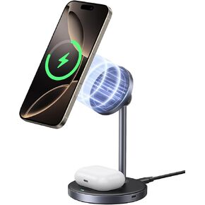UGREEN Qi2 Certified 15W 2-in-1 Magnetic Wireless Charging Stand, Fast Charging Station for iPhone 16 15 14 13 12 Series and AirPods, MagSafe-Compatible Wireless Charger with 3 FT USB-C Cable