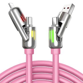 240w 4-in-1 USb-C Cable, PD 5A Fast Charging Cable & Data Sync with USB A,Type C & L,Multi Charger Cable with Breathing Light,5FT Fast Charging Cord for iPhone,Laptop Multi Device Charging 5FT-Pink
