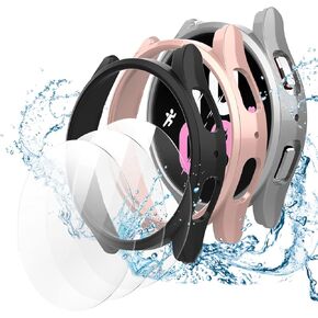 3+3 Pack Case for Samsung Galaxy Watch 4/5 44mm Screen Protector with Tempered Glass,Hard PC,Waterproof,Scratch Resistant,Protect Bumper Cover for Your Sports Watch face.
