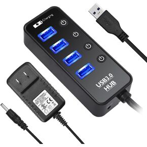 USB Hub 3.0 Powered, LYFNLOVE USB Extender 4-Port Data USB Hub with Power Adapter and 1 Smart Charging Port, USB Splitter with On/Off Switches for MacBook, Mac Pro/Mini, iMac, Surface Pro Laptop/PC