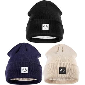Winter Beanie Hats for Women Men 3Pack,Fleece Lined Womens Winter Hats with Smiley Face,Warm Cute Beanie for Cold Weather