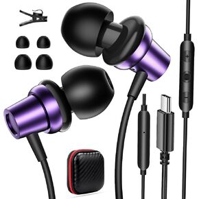 USB Type C Headphone for Samsung S25 Ultra S24 S23 A53 A16 Z for iPhone 16 Pro Max 15 Plus Wired Earbuds with Mic Volume Control School Laptop Kid In-Ear Noise Cancell Android Earphone for iPad Purple