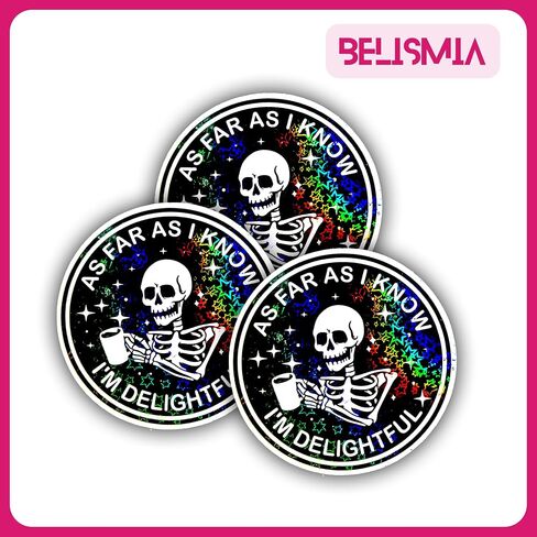 3pcs As Far As I Know I'm Delightful Holographic Stickers, Skeleton Hologrpahic Vinyl Stickers, Skull Holographic Vinyl Water Assistant Sparkly Stickers for Laptop Phone Water Bottle Kindle in Saudi Arabia