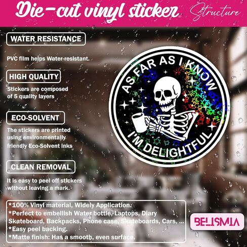 3pcs As Far As I Know I'm Delightful Holographic Stickers, Skeleton Hologrpahic Vinyl Stickers, Skull Holographic Vinyl Water Assistant Sparkly Stickers for Laptop Phone Water Bottle Kindle in Saudi Arabia