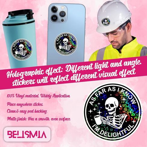 3pcs As Far As I Know I'm Delightful Holographic Stickers, Skeleton Hologrpahic Vinyl Stickers, Skull Holographic Vinyl Water Assistant Sparkly Stickers for Laptop Phone Water Bottle Kindle in Saudi Arabia