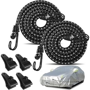 Hlogree 2PCS Car Cover Gust Straps Wind Protector,Bungee Cords Hook Clips Kit Hold Tarp Tie Down from Blowing Off in High Winds-Universal Fit for Most Cars,Sedans,SUVs,Trucks,Vans and More-Black