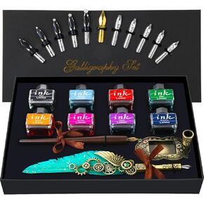 Feather Quill Pen ink Set,Calligraphy Pen Set,Include Quill Pen,Wood Dip Pen,8 Bottles Of Ink,13 Stainless Steel Nibs Of Different Sizes,Pen Holder,Envelope Paper