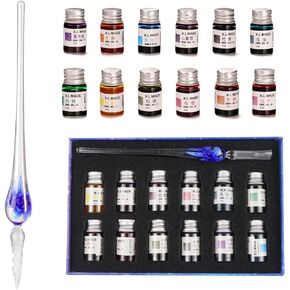 Glass Pen Set Calligraphy Dip Pens,12 Colorful Inks,Caligraphy Sets for Art, Writing, Signature, Decoration, Gift