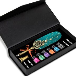 NC Feather Pen and Ink Set, Glittering Quill Pen Set, Calligraphy Writing Dip Pen with 6 Ink and 4 Replacement Nibs, Pen Holder, Vintage Luxury Signature Quill Pen (Black)