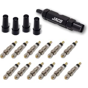 JACO Presta Valve Core Repair Kit for Bike Tires | with (12X) Replacement Valve Cores, (4X) Valve Caps, and Valve Removal Tool