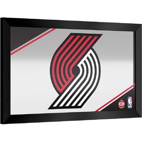 Trademark Global Wall Mirror - Ready-to-Hang Portland Trail Blazers Logo Black Framed Rectangle Mirror - for Pub, Game Room, Garage or Home Bar