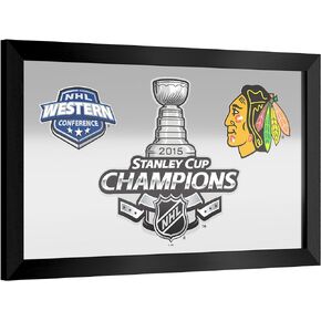 Trademark Global Wall Mirror - Ready-to-Hang Chicago Blackhawks 2015 Stanley Cup Champs Black Framed Rectangle Mirror - for Pub, Game Room, Garage or Home Bar