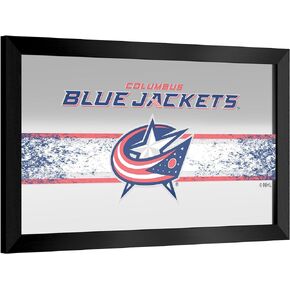 Trademark Global Wall Mirror - Ready-to-Hang Columbus Blue Jackets Logo Black Framed Rectangle Mirror - for Pub, Game Room, Garage or Home Bar
