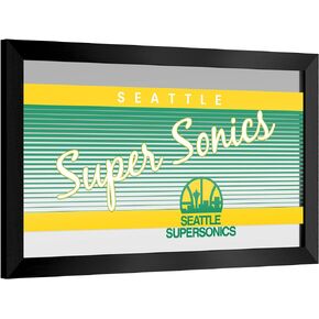 Trademark Global Wall Mirror - Ready-to-Hang Seattle Supersonics Hardwood Classics Black Framed Rectangle Mirror - for Pub, Game Room, Garage or Home Bar