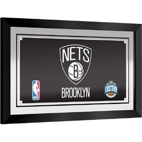 Trademark Global Wall Mirror - Ready-to-Hang Brooklyn Nets Logo Black Framed Rectangle Mirror - for Pub, Game Room, Garage or Home Bar