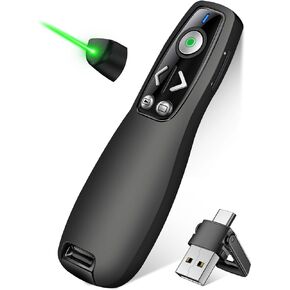 3-in-1 USB Type C Presentation Clicker Wireless Presenter Remote with Green Light for PowerPoint, Powerpoint Clicker with Volume Control PowerPoint Slide Advancer for Mac, Computer, Laptop