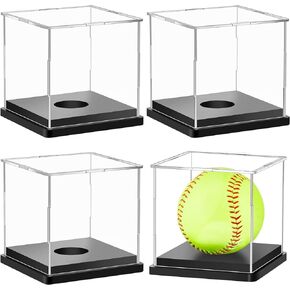 Leinuosen 4 Pcs Softball Display Case Plastic Softball Holder Stand Baseball Display Case Memorabilia Acrylic Box UV Protected Clear Display Cube for Softball Baseball Tennis Ball Sports Ball Storage