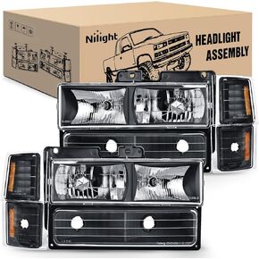 Nilight Headlight Assembly for 1994 1995 1996 1997 1998 Chevy Silverado Tahoe Suburban C10 C/K 1500 2500 3500 Replacement Headlamp Chrome Housing Amber Reflector Bumper Corner Lamp, 2 Years Warranty