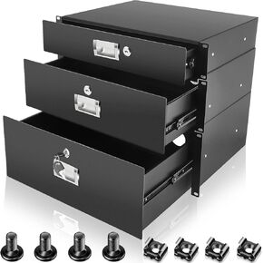 3 Pieces 2U, 3U, 4U Rack Mount Drawer 19 Inch Server Cabinet Case Drawer Metal DJ Locking Lockable Deep Drawer Racks Drawer with Key for Enclosure Server Rack Cabinet, Black