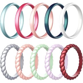 Zollen Silicone Wedding Rings for Women, 3mm Metallic Color Thin Braided Rubber Wedding Bands Stackable Ring, Hypoallergenic Silicone