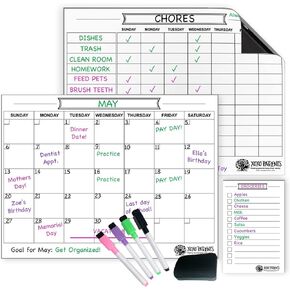 Magnetic Chore Chart for Adults, Multiple Kids, Toddlers, Teenagers, Adults and Dry Erase Calendar Whiteboard - 3pk Includes To-Do List, 4 Markers, Eraser - 12 x 16 inches (White)