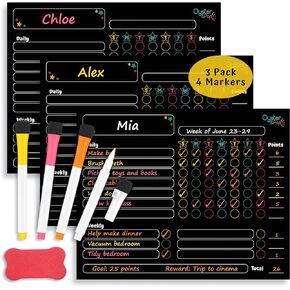 Magnetic Black Chore Chart 3pcs for Multiple Kids & Adults - 4 Fine Tip Markers - Dry Erase Refrigerator Black Boards - Reward Good Behavior & Responsibility - Organize The Family (Black)
