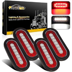 Partsam 4Pcs 6.3" Inch Oval Led Trailer Taillights Stop Brake Lights Running Red and White Backup and Reverse Lights, Sealed 6.3 inch Oval led Trailer Lights Kit Grommet Mount for RV Trucks