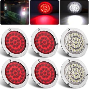 6Pcs 4 Inch Round Led Trailer Tail Lights Kit, 4 Red + 2 White 4" Round Led Stop Turn Tail Back-up Reverse Lights 24 LED Flange Mount for Truck Trailer RV Camper Tail Lights w/Chrome Plastic Bezels
